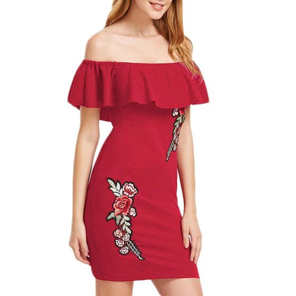 

ladies' off-the-shoulder ruffled embroidered dress elegant word collar workplace banquet exquisite sleeveless dress 02*, Black;gray