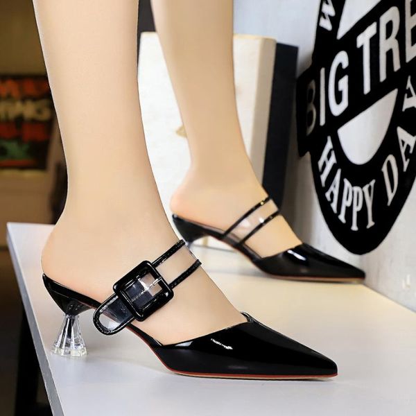 

bigtree ladies crystal high heels shallow mouth pointed transparent shoes hollow word belt lace buckle female slippers, Black