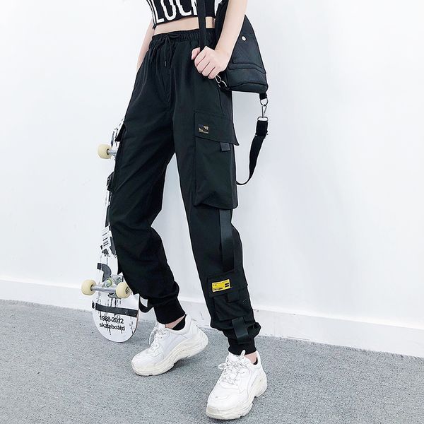 

women fashion streetwear cargo pants black ankle length elastic waist joggers female loose trousers casual plus size haren pants, Black;white