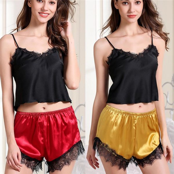 

womens sling sleepwear shorts nightwear sets satin lace solid color v-neck camisola vestidos femininos clothing jaycosin, Black;white