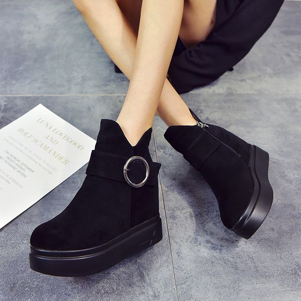 

buckle strap ankle boots for women casual sewing platforms round toe high increased zipper short boots ladies shoes bottes femme, Black