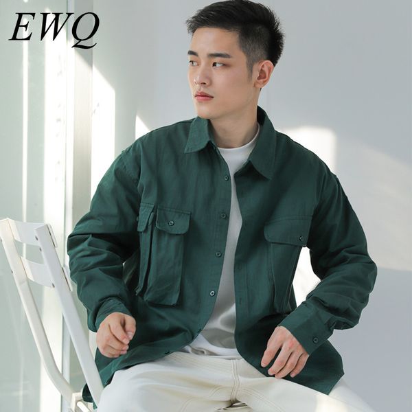 

ewq / men's wear 2020 spring fashion casual green shirt for male long sleeve loose all-match work clothes with pockets y763, White;black