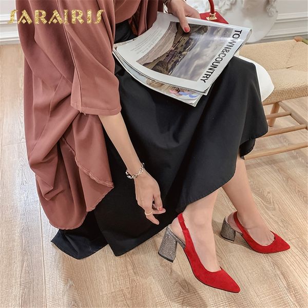 

sarairis 2020 new arrivals elastic band solid shoes woman sandals pointed toe chunky heels office lady sandals women shoes, Black