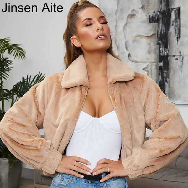 

jinsen aite 2019 winter long-sleeved zipper plush faux fur coat thick warm solid color fashion ladies outerwear fur jacket js845, Black
