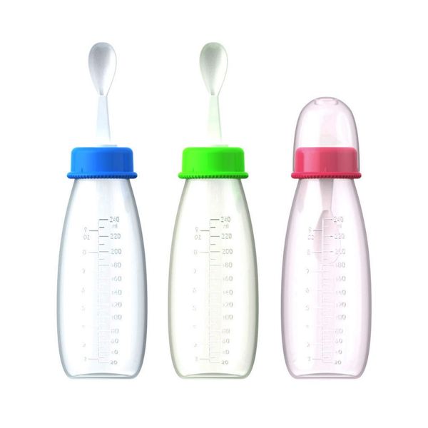 

240ml safety silicone baby bottle with spoon supplement rice cereal bottles squeeze spoon milk feeding bottle cup
