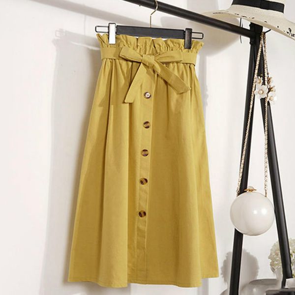 

skirts summer for women elegant high waist button a-line midi skirt, Black