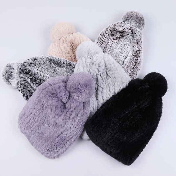 

real girls rex fur hat women winter knitted fur beanies cap pom poms brand new thick female cap elastic soft warm, Blue;gray
