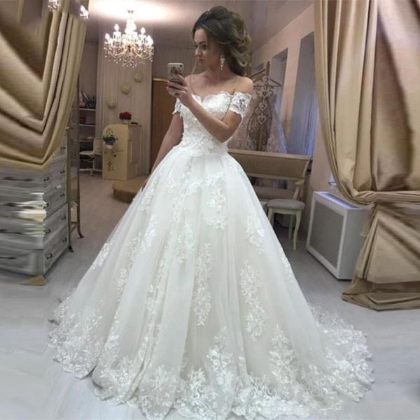 

white ivory princess lace wedding dress 2020 off the shoulder romantic bridal gowns lace appliques sweep train castle robe de mariee