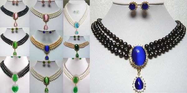 

sell new - shitou 00504 3row white/pink/black pearl & stone/opal necklace pendant earring set can choose, Silver