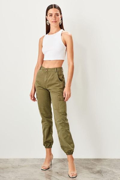 

trendyol khaki cargo pocket high waist jogger jeans twoss19je0008, Blue