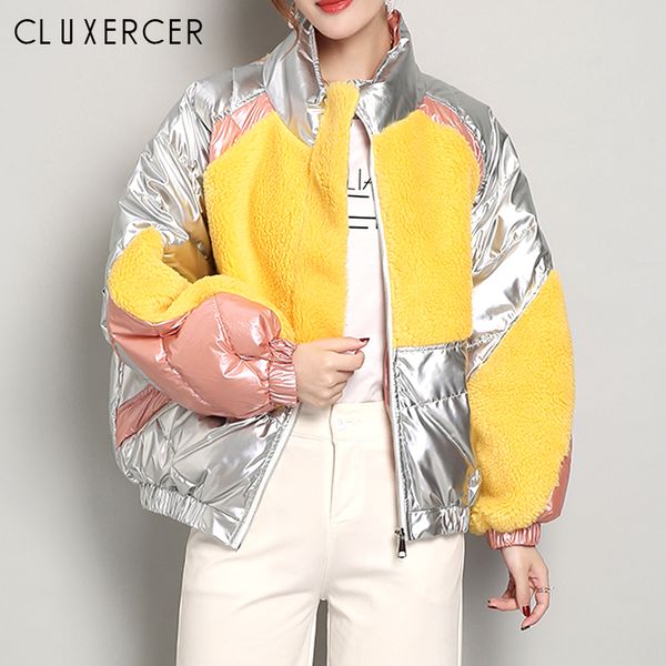

women winter jacket 2019 lamb hair short down jacket loose slim fur patchwork glossy cotton coat, Black