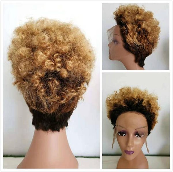 Short Pixie Cut Wigs Real Indian Human Hair Honey Blonde Curly Ombre Lace Wig Colored 1b 27 Glueless Short Lace Front Wig For Black Women Synthetic