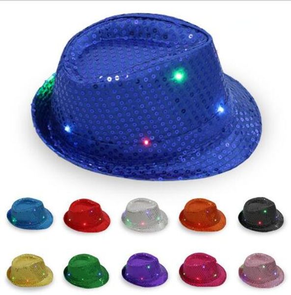 LED-Jazz-Hüte mit blinkendem Licht, Fedora-Kappen, Pailletten-Kappe, Kostüm, Tanz, Party-Hüte, Unisex, Hip-Hop-Lampe, leuchtende Kappe, GB1204