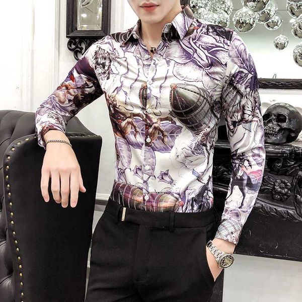 

2020 british style men shirt fashion print long sleeve slim casual shirts men dress streetwear social clothing camisa masculina, White;black