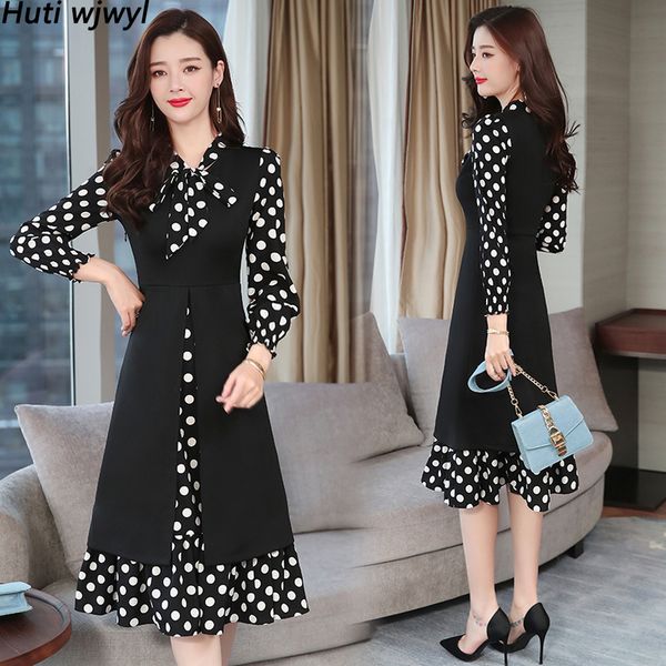 

2020 vintage black dot с длинным рукавом midi платье осень зима 4xl плюс размер твердая sexy женщины bodycon платье изящные платья партии, Black;gray
