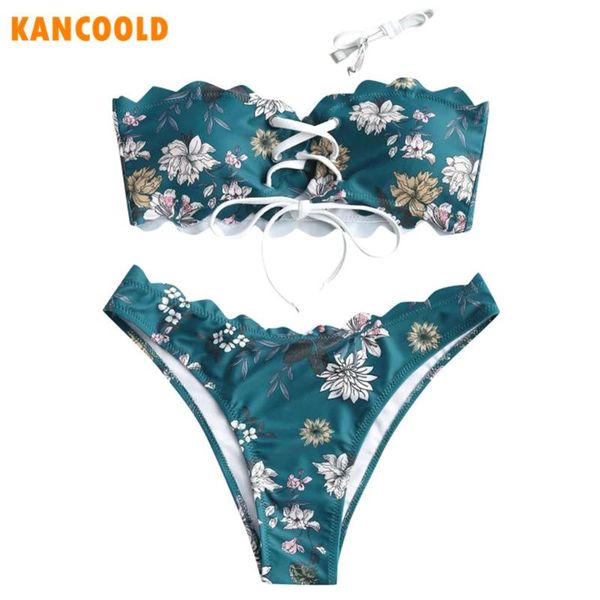 

kancoold swimwear women floral print lace-up scalloped bandeau bikini set fashion swimsuit women summer clothes 1216, White;black
