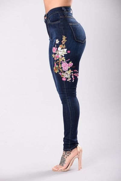 Fashion-3xl Womens Denim Bordado Floral High Stretch Calças de Jeans Grande Luz Luz Escuro Azul Leggings Calças Calças Cintura Alto