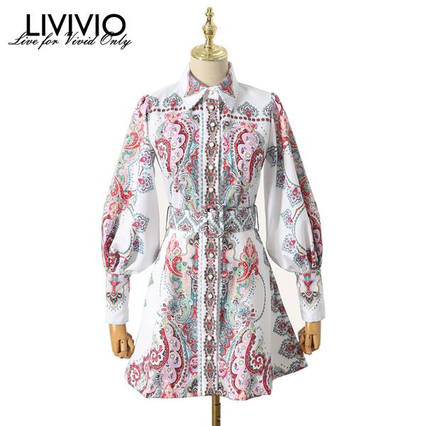 

livivio] урожай цветочные печати фонарь с длинным рукавом мини платья женский матч пояс талией 2019 осень одежда для женщин мода, Black;gray