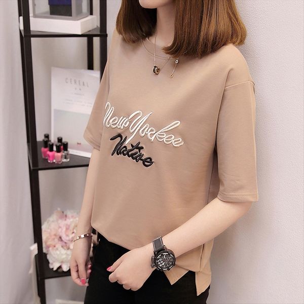 

short-sleeved t-shirt t-shirt embroidery women's summer clothes loose large-size letter embroidery versatile student body fashion, White