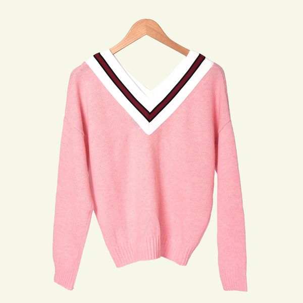 

women sweater 2019 autumn and winter new color matching v-neck casual wool pink sweater winter women, White;black