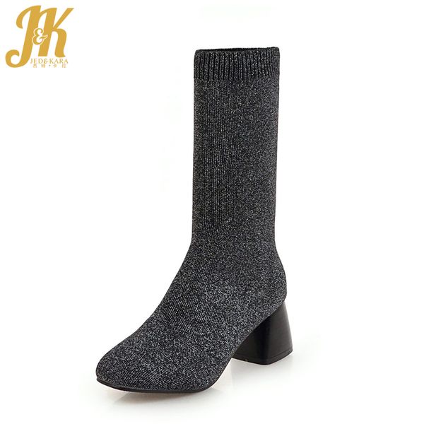 

jk autumn high heels women stretch boots square toe footwear sock female boot party mid calf knitted shoes women 2018 black
