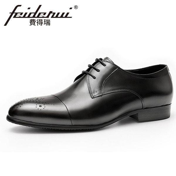 

fashion genuine leather men's formal dress medallion footwear pointed toe lace cap toe oxford man derby office suit shoes fhs171, Black