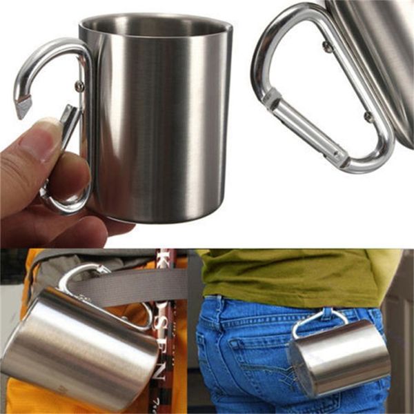 

220ml stainless steel cup camping travel outdoor cup double wall mug with carabiner hook multifunctional camping tableware tool