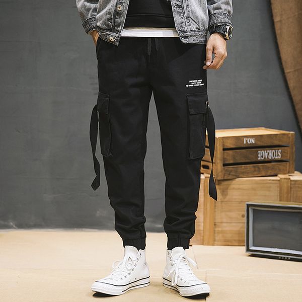 

japanese style fashion streetwear men jeans jogger pants camouflage pants loose big pocket cargo hip hop trousers, Black