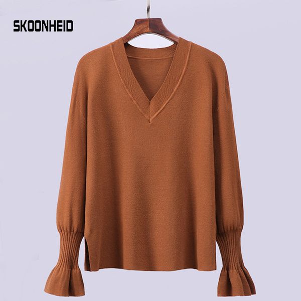 

skoonheid women solid split knitted sweater v neck warm basic knit casual winter loose knitwear korean knitting pullovers, White;black