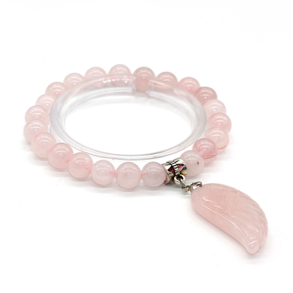 

trendy-beads silver plated natural rose pink quartz angel wing connect 8 mm round beads stretchy bracelet, Black
