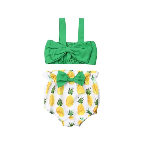 

summer newborn girl clothes 2pcs sleeveless bow crop pineapple print shorts fashion outdoor suit, White