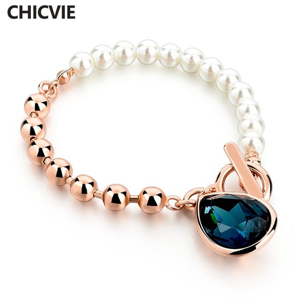 

chicvie gold color pearl beads strand bracelets with blue stones 2017 wedding & engagement bracelet femme jewelry sbr160114, Black