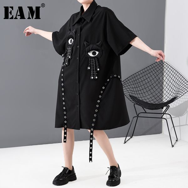 

eam] women black pattern ribbon big size shirt dress new lapel short sleeve loose fit fashion tide spring summer 2020 1t794, Black;gray