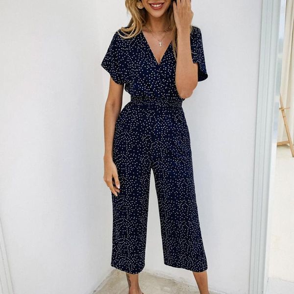 

women's jumpsuits & rompers 2021 ladies summer casual printed v-neck pocket overalls short sleeve wide leg loose jumpsuit, Black;white