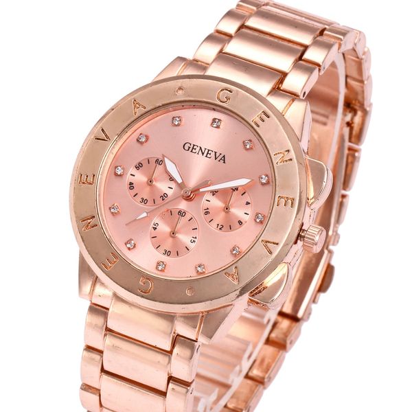 

fashion casual geneva diamond fake three eyes steel strip classic dress male female couple quartz watch, Slivery;brown