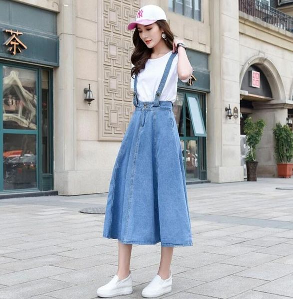 

2020 summer denim suspender dress long jeans dresses preppy style overalls removable strap w556, Black;gray
