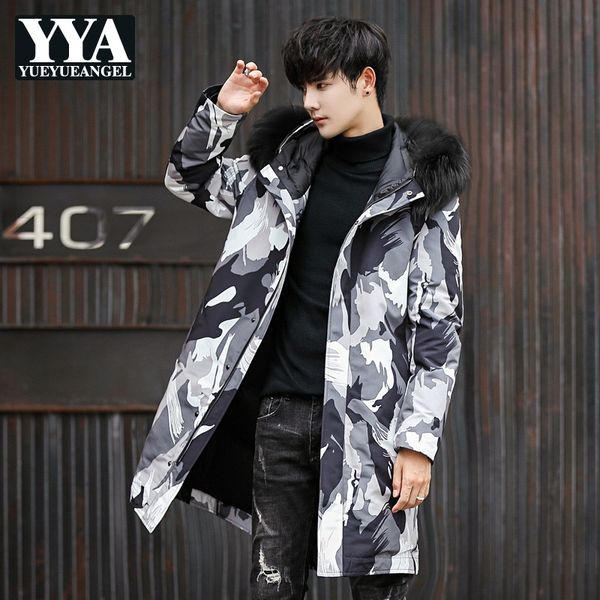 

brand men thick down jacket fashion white duck down hooded medium long camouflage coat winter warm outwear plus size 4xl, Black