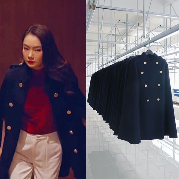 

women's wool & blends two-sided cloak type woolen loose coat hand woman, Black