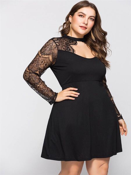 

black lace dresses crew neck a line knee length female clothing fashion plus size casual apparel womens summer, Black;gray
