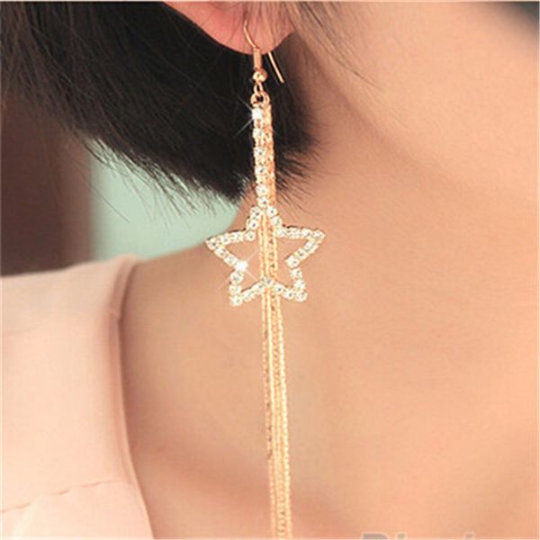 

new fashion girl alloy imitated crystal pentacle star long paragraph chain hook dangle linear earrings, Silver