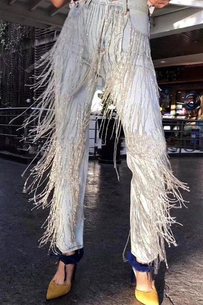 

2019 spring autumn fashion handmade beading diamonds tassel jeans women straight ankle lengthdenim pants, Blue