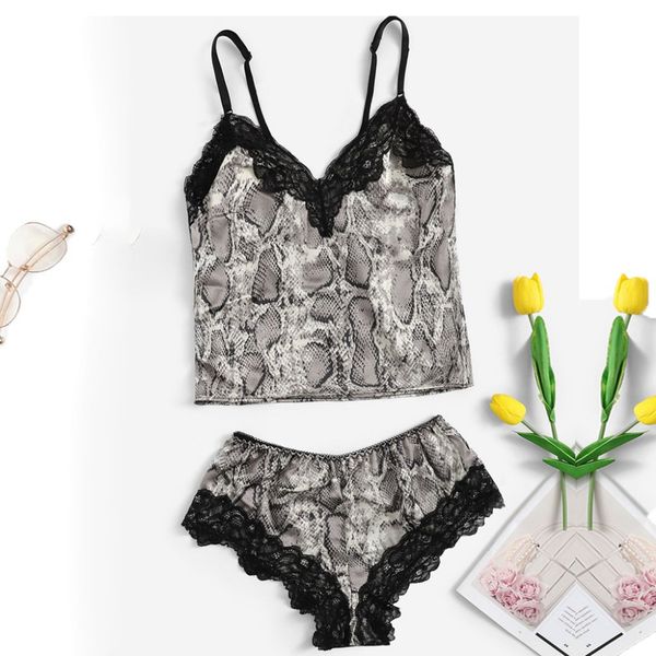 

new women snakeskin print lace trim vest set pajamas lingerie sleepwear, Blue;gray