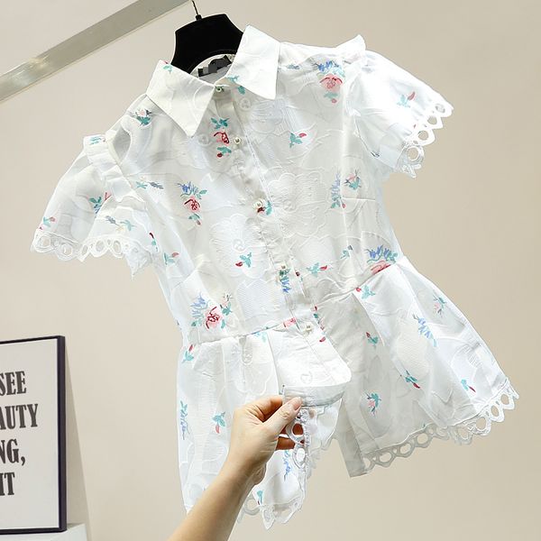 

women's blouse floral hollow perspective embroidery slim waist shirt female blouses ladies blouses blusas white shirts