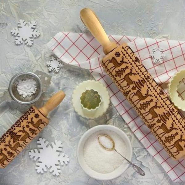 

christmas elk printed rolling pin beech wood engraved embossed rolling pin cookie noodle stick