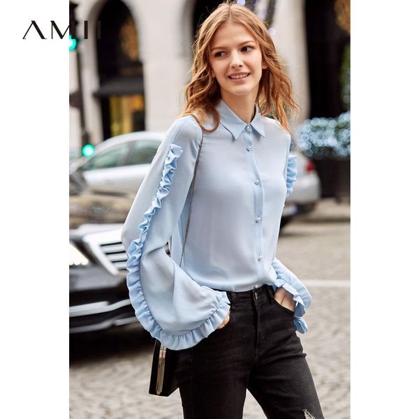 

amii spring summer fashionable lapel ruffles shirt women single-breasted simple solid shirt 11930052, White