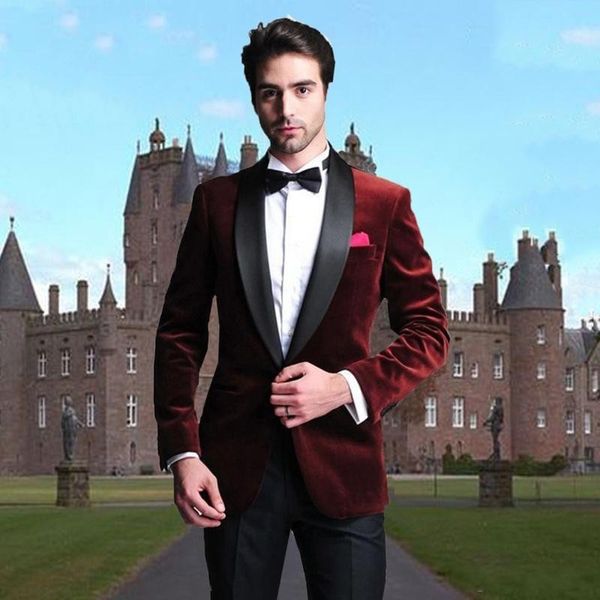 

burgundy velvet groom tuxedos black shawl lapel groomsmen wedding dress autumn winter style men formal party prom suit(jacket+pants+tie) 875, Black;gray