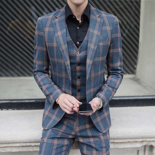 

(jackets+pants) 2020 clothing men's pure cotton plaid business blazers/male slim fit leisure groom dress three-piece, White;black