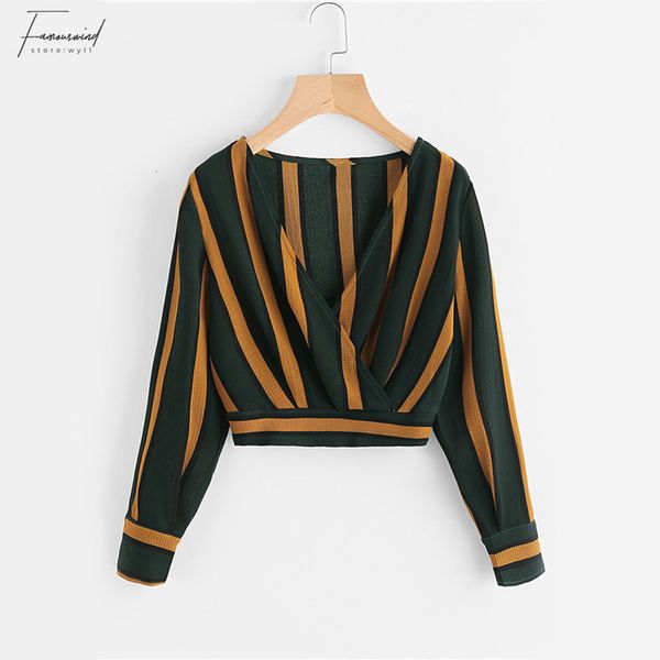

women blouses for women yellow stripe crop wrap v neckline ruched blouse fall 2019 fashion elegant polyester long sleeve blouse, White