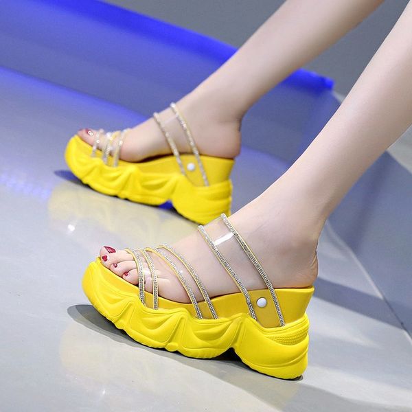 

high-heeled shoes lady slippers casual slipers women on a wedge slides platform jelly flip flops transparent heel heels, Black