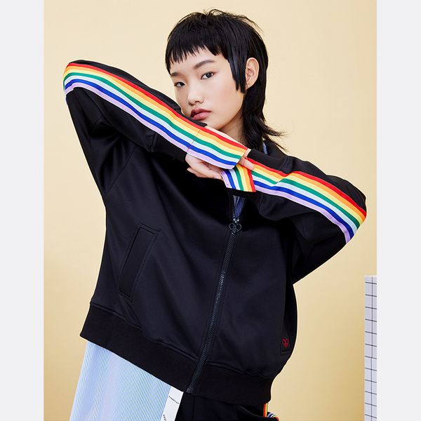 

fashion women casual rainbow side jacket long sleeve zipper suit outwear coat autumn clothes, Black;brown